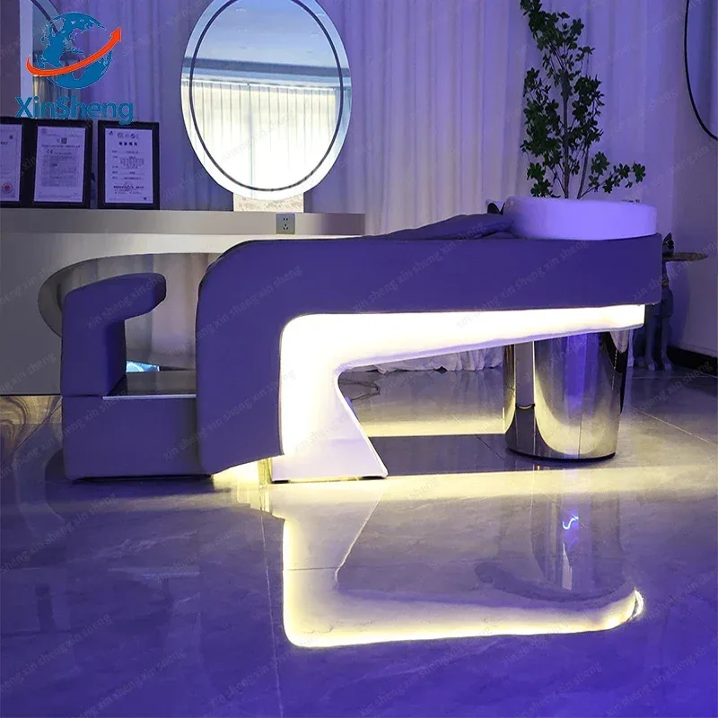 سرير شامبو احترافي من شينشنغ مع إضاءة LED، أثاث صالون للعناية بالشعر، كرسي حلاقة قابل للإمالة مع حوض شامبو