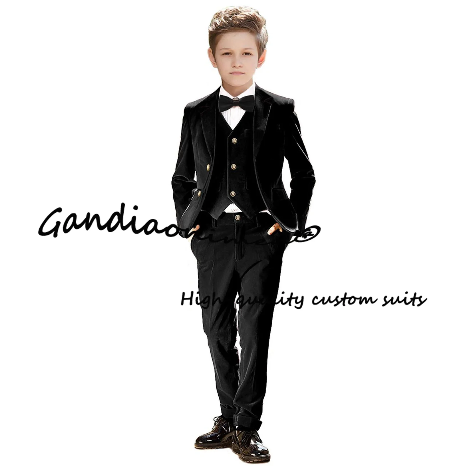 Velvet Boys Suit 4 Piece Jacket Pants Vest Bow Tie Fashion Kids Wedding Tuxedo Blazer for Child 2-16 Clothes