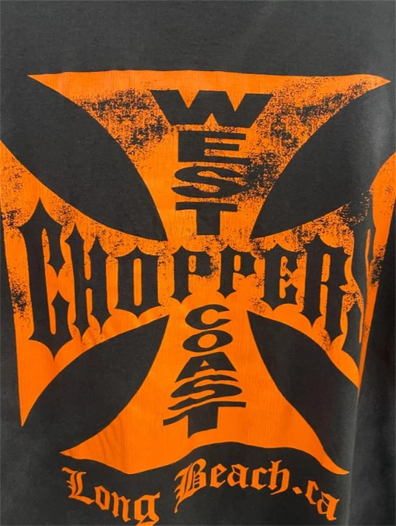 High Street Cracked Orange Cross Pattern West Coast Tshirt Men Women Vintage Holes Washed Short Sleeved T Shirt