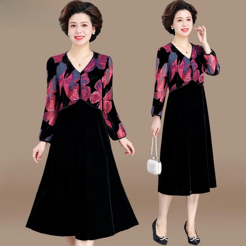 

Faionable Mommy Autumn Velvet Dr Long Sve Women's Splicing Base Skirt Mid-aged Spring Autumn New Sle Korean Dr