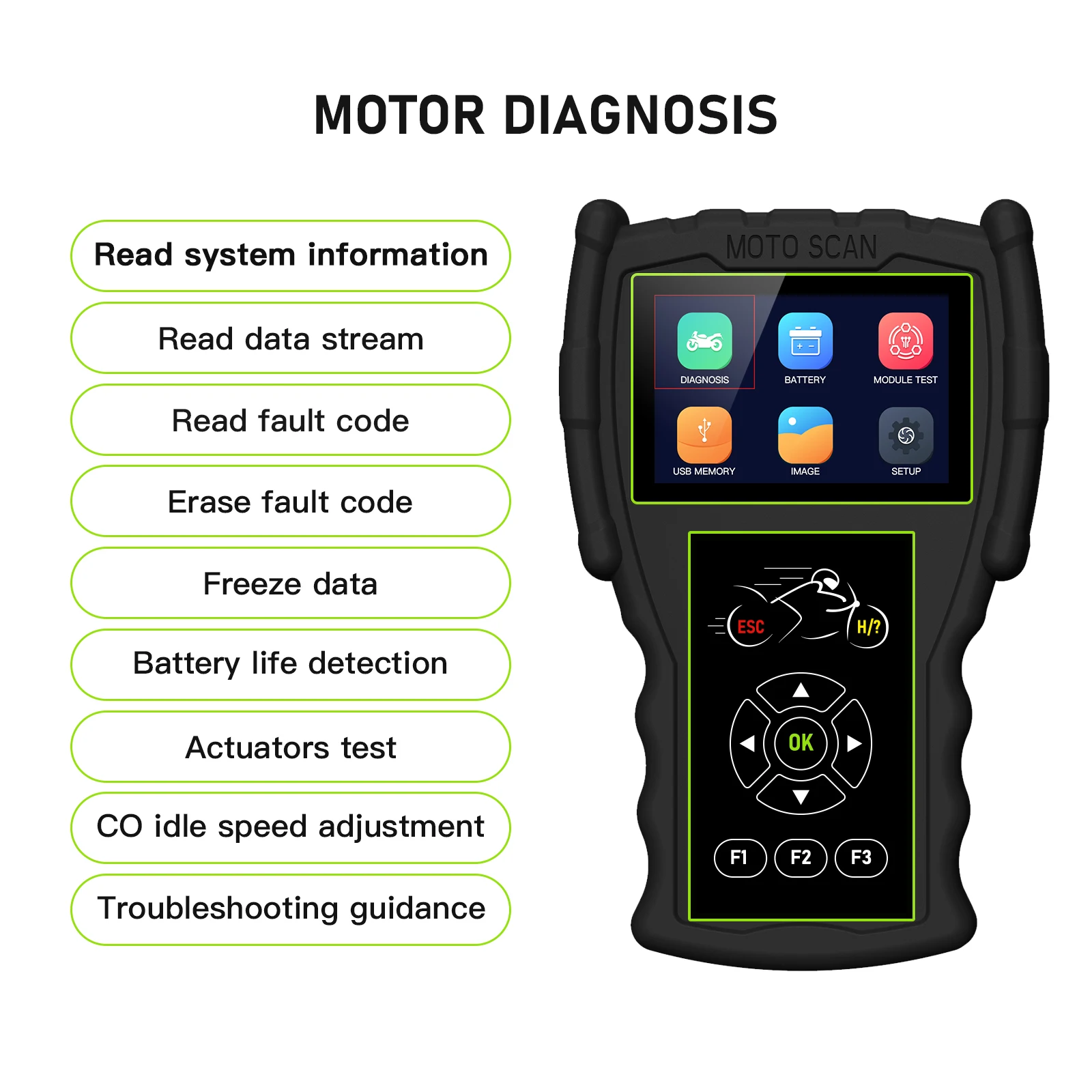 JDiag M100 Motorcycle Handheld ScannerMultilingual Diagnostic Tool Universal 2 in 1 Scanner Motor Scan Battery Tester