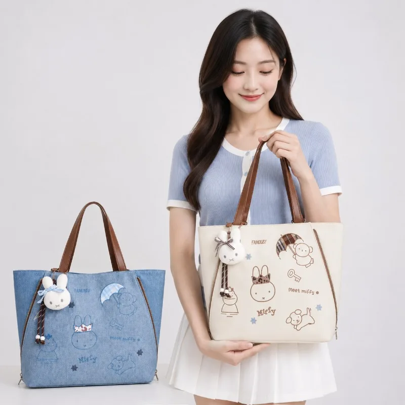 Anime Miffy Tote Bag 2-way Carry PU Leather Denim Options Large Capacity Versatile Commuting Shoulder Bag Thick Fabric Durable