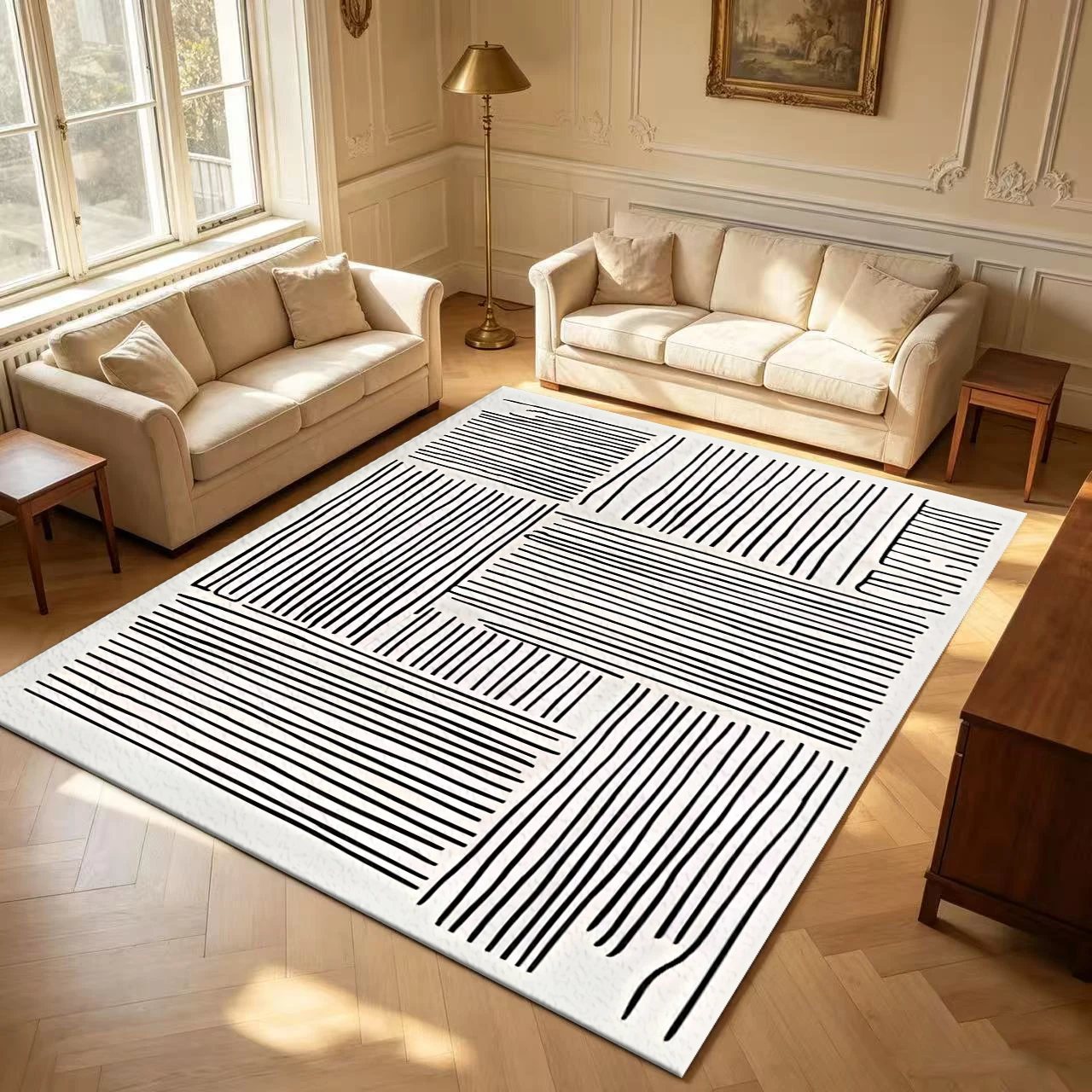 Hand‑Drawn Line Art Carpet Flooring Minimalist Black White Area Rug Modern Art Floor Mat for Home Interior