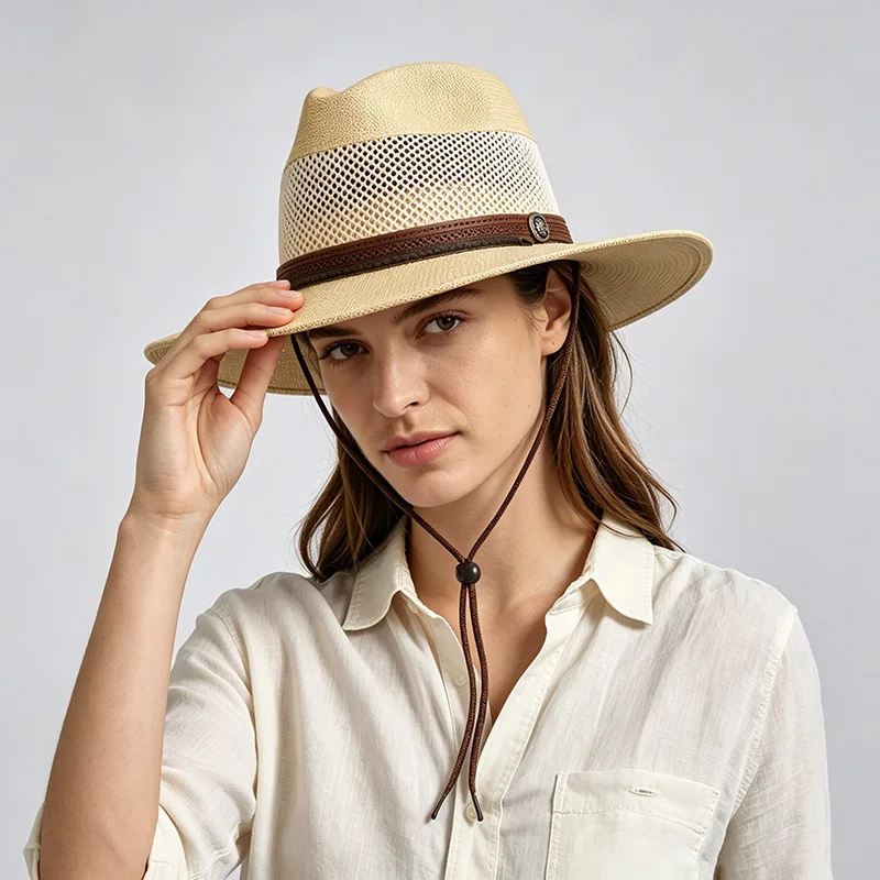 Summer Paper Straw Mesh Fedora Hat Wide Brim Patchwork Panama Style Breathable Sun Protection Beach Hat for Men Women
