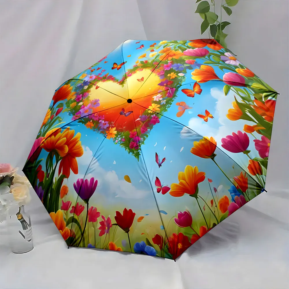 1PC Colorful Flower and Heart Design Umbrella Print 8 Iron Ribs Folding Umbrella Auto-Open Fashion Sunshade
