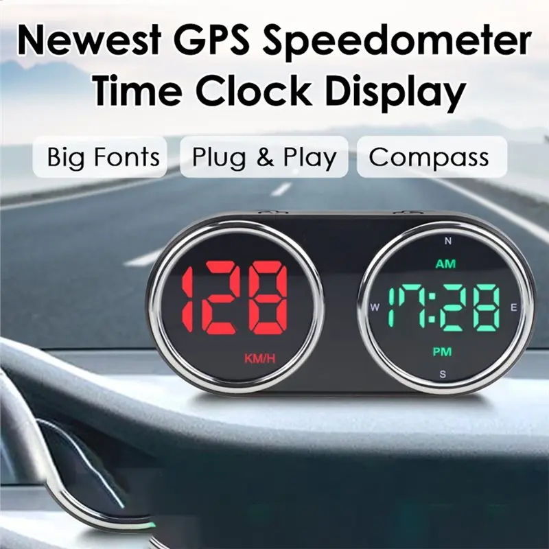 GPS Digital Speedometer Time Clock Over-Speed Alarm 7-Color Display HUD KMH/MPH For All Vehicles Car Plug And Play