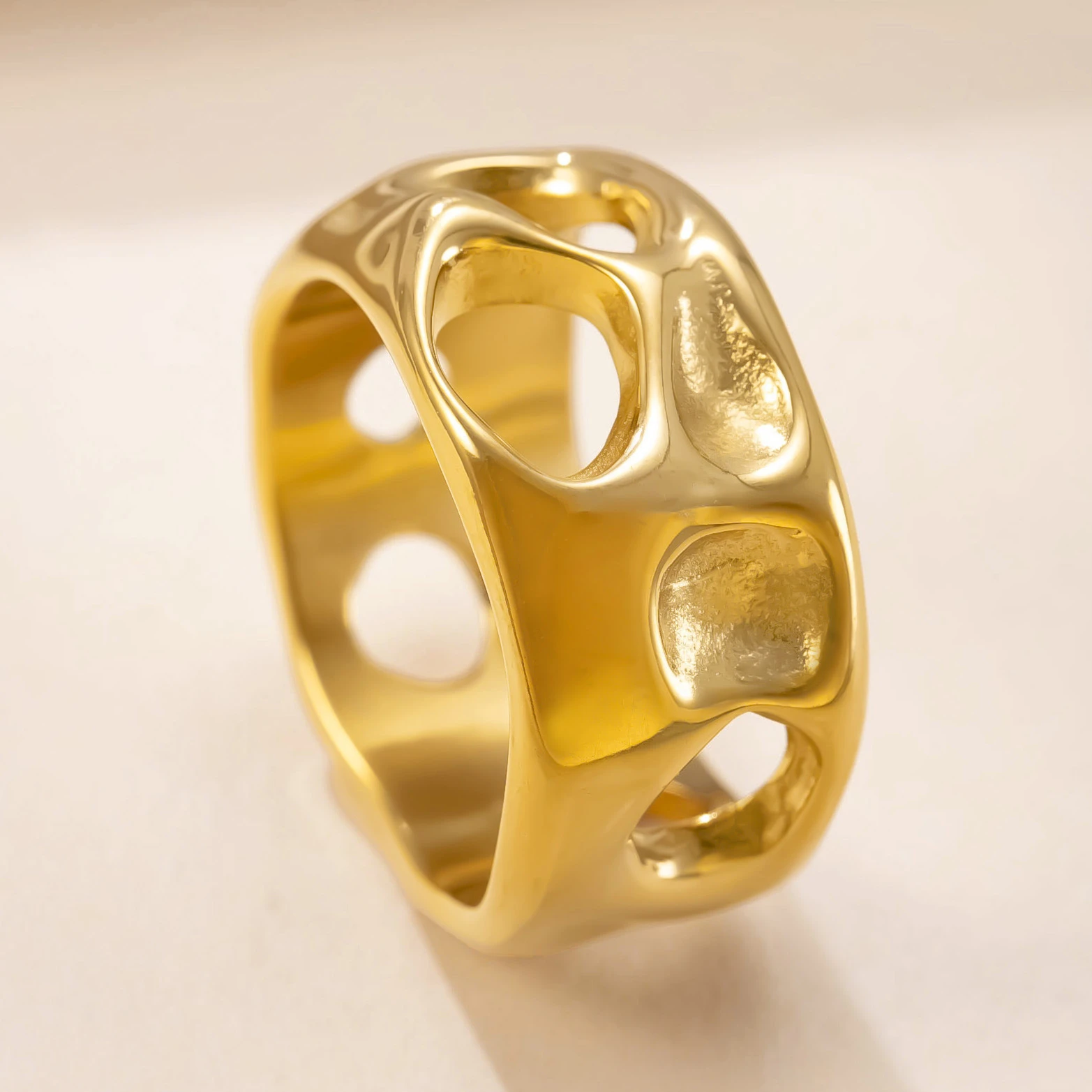 Fashion Abstract Molten Hollow Cutout Wide Stainless Steel Statement Ring Tarnish Resistant Hypoallergenic for Casual Party Gift