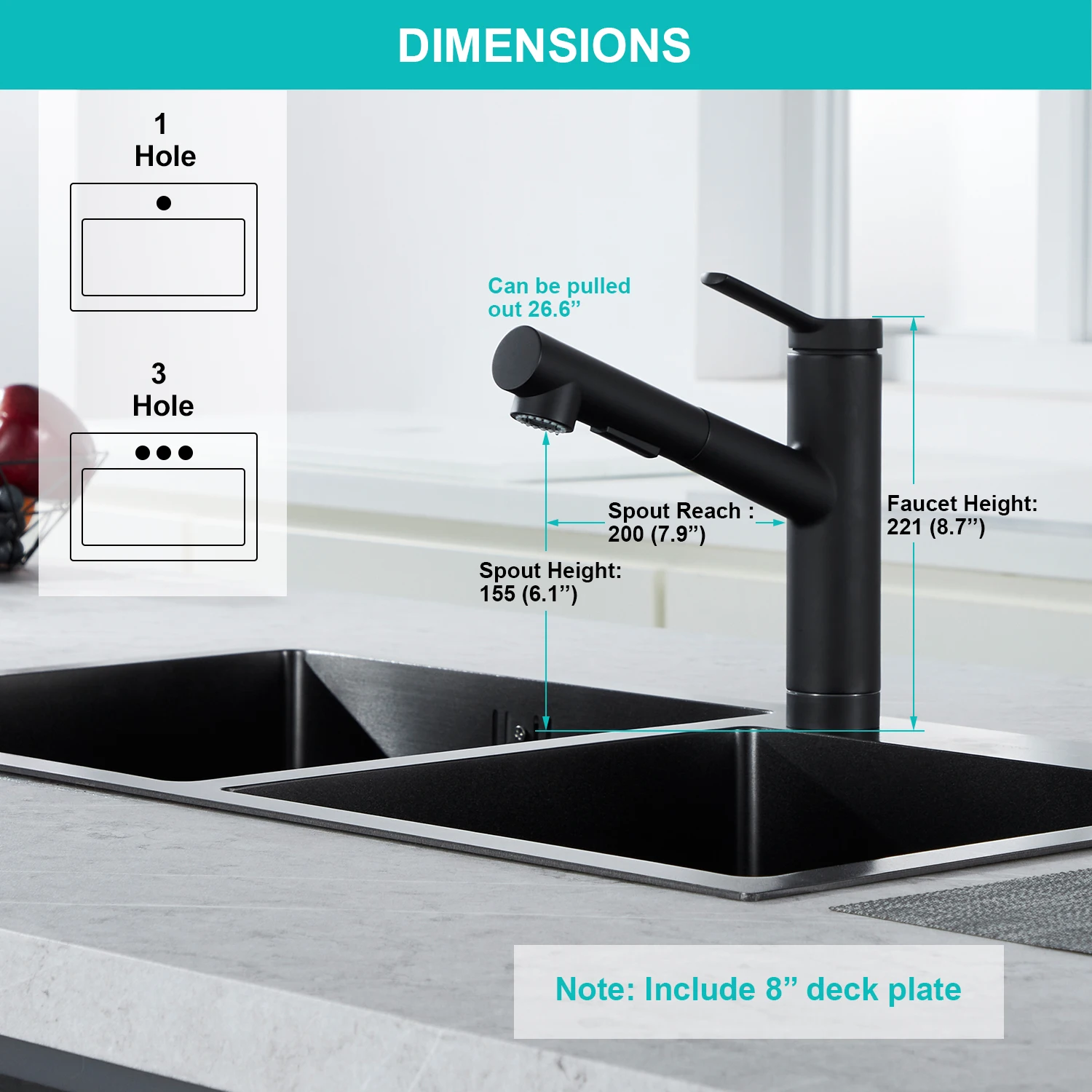 صنبور حوض الفولاذ المقاوم للصدأ الأسود، خرطوم قابل للتمديد، صنبور المطبخ الأسود