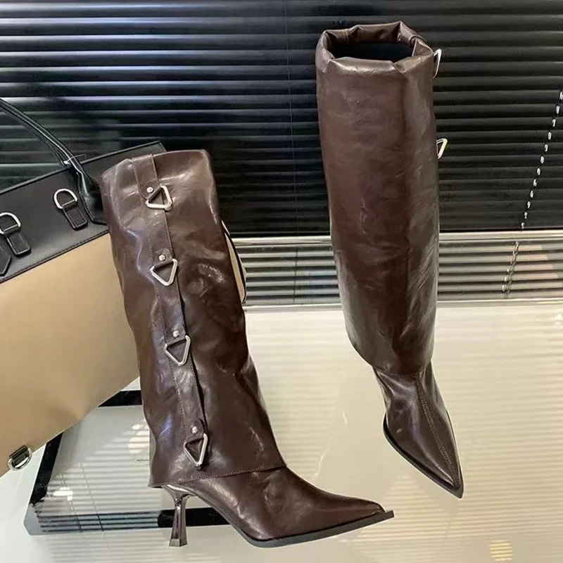 

Женские высокие сапоги на высоком каблуке, модная обувь с острым носком, 2024, дизайнерские модельные туфли-лодочки, зимние роскошные сапоги челси до колена Mujer