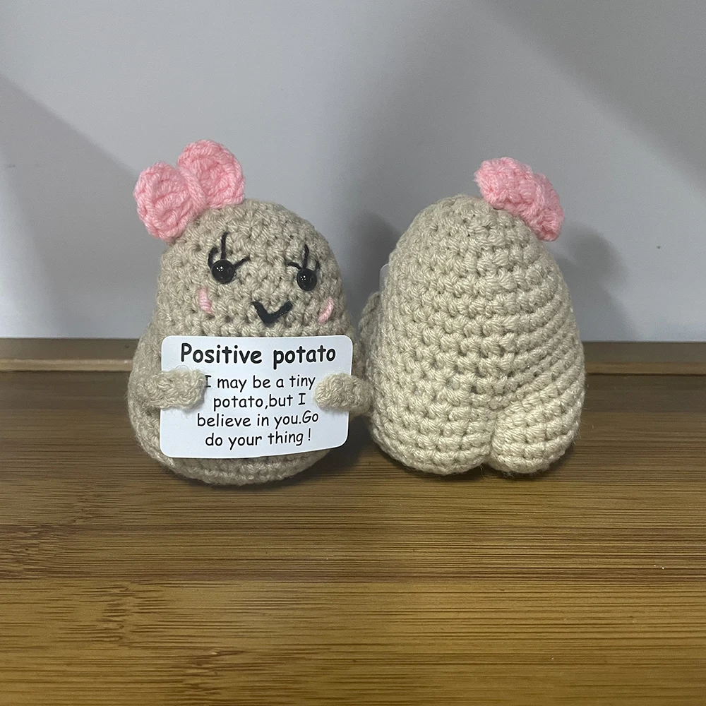 Positive Energy Big Butt Bowknot Potato Hug Pocket Handmade Plush Wool Knitting Doll With Card Christams Home Room Decoration