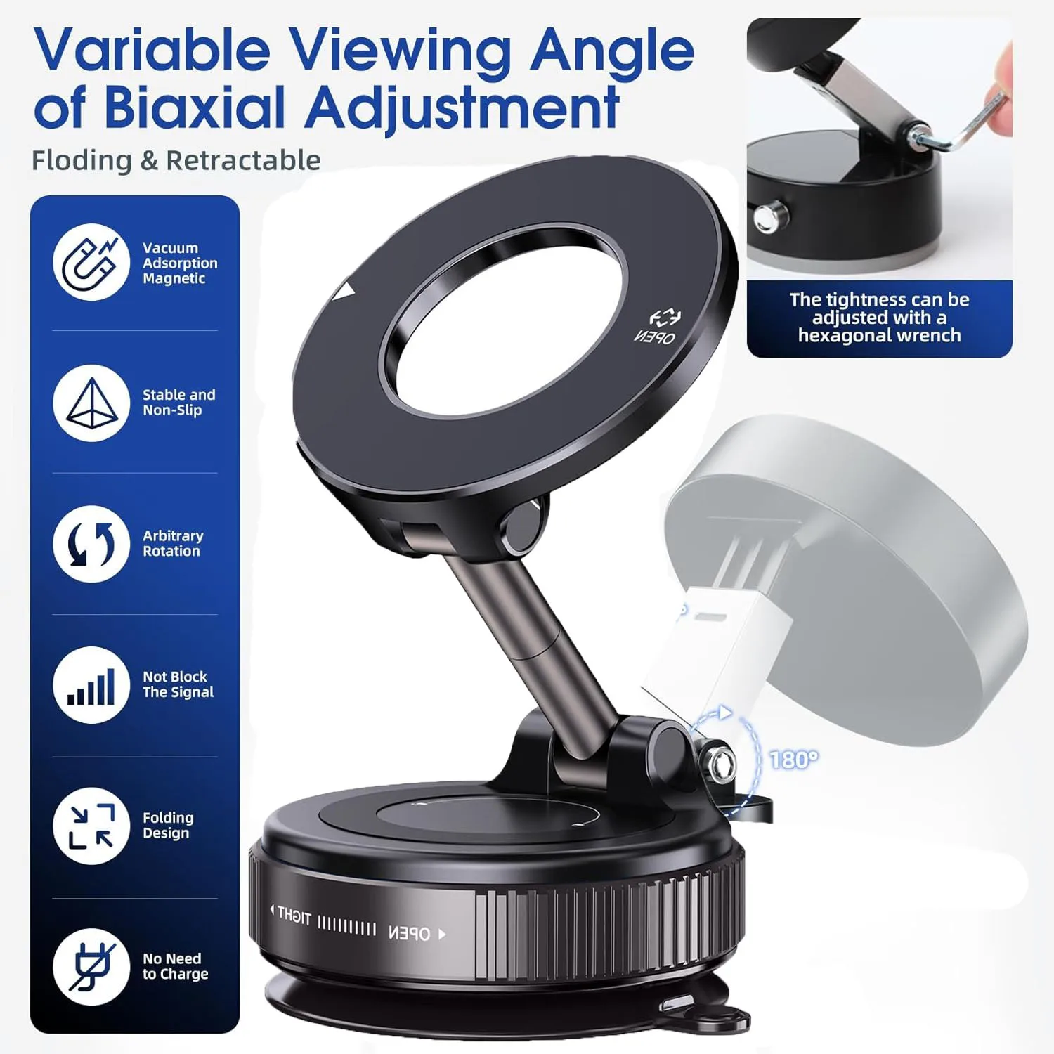 2026 ที่วางโทรศัพท์ในรถยนต์แม่เหล็กสูญญากาศที่ได้รับการอัพเกรด 360 °   ที่วางโทรศัพท์แบบดูดคัพพิเศษ 96LBS เสริมสําหรับโทรศัพท์มือถือ MagSafe