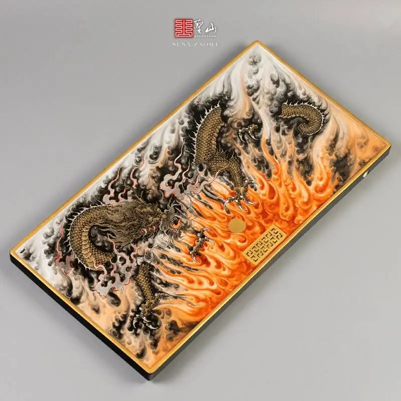 Holy Mountain Jingdezhen Pastel Gold Dragon Sun Hand-Painted Alum Red Ceramic Set Dual-Use Dry And Wet Tea Tray