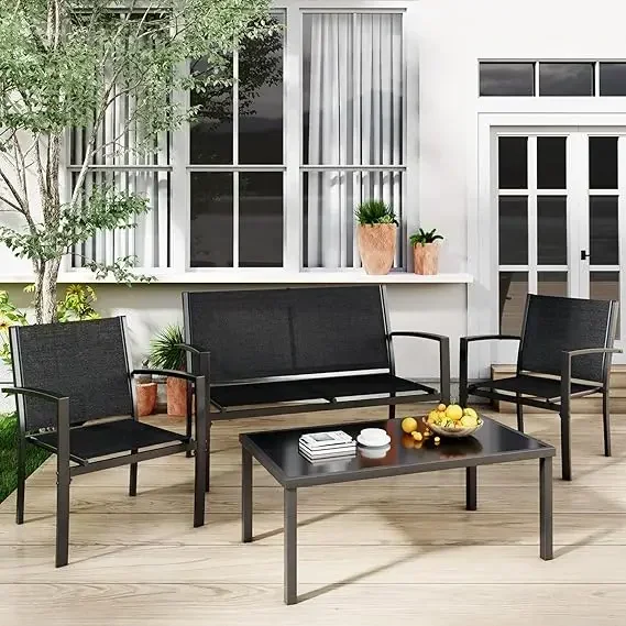 4 Pieces Patio Furniture Set, Outdoor Conversation Sets for Patio, Lawn, Garden, Poolside with A Glass Coffee Table, Black