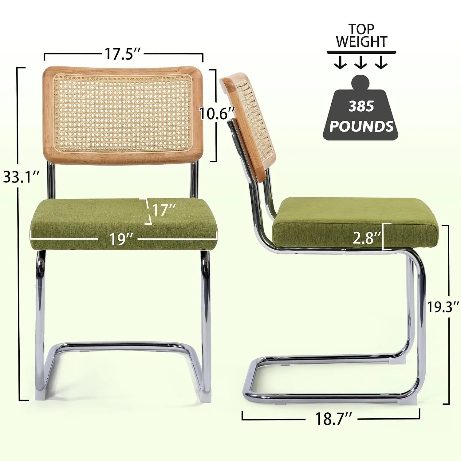 Mid Century Modern Rattan Dining Chair Set of 4, Green Upholstered Seat & Polished Chrome Frame, Kitchen Furniture, Customized
