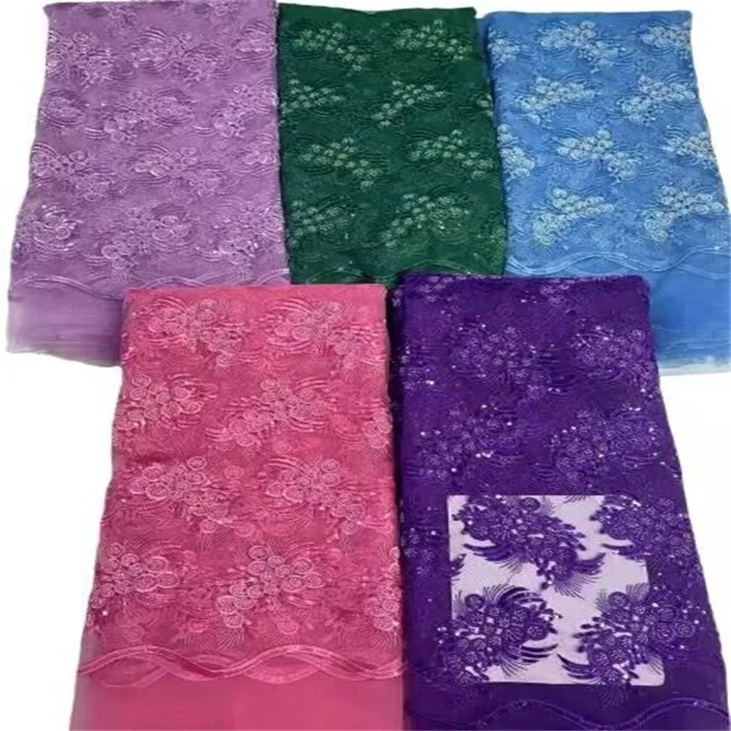 2023 Green Latest Luxurious Sequence Lace Fabrics purple Nigeria Lace Embroidery Mesh Lace Fabric 3D Beaded Wedding Lace Fabric