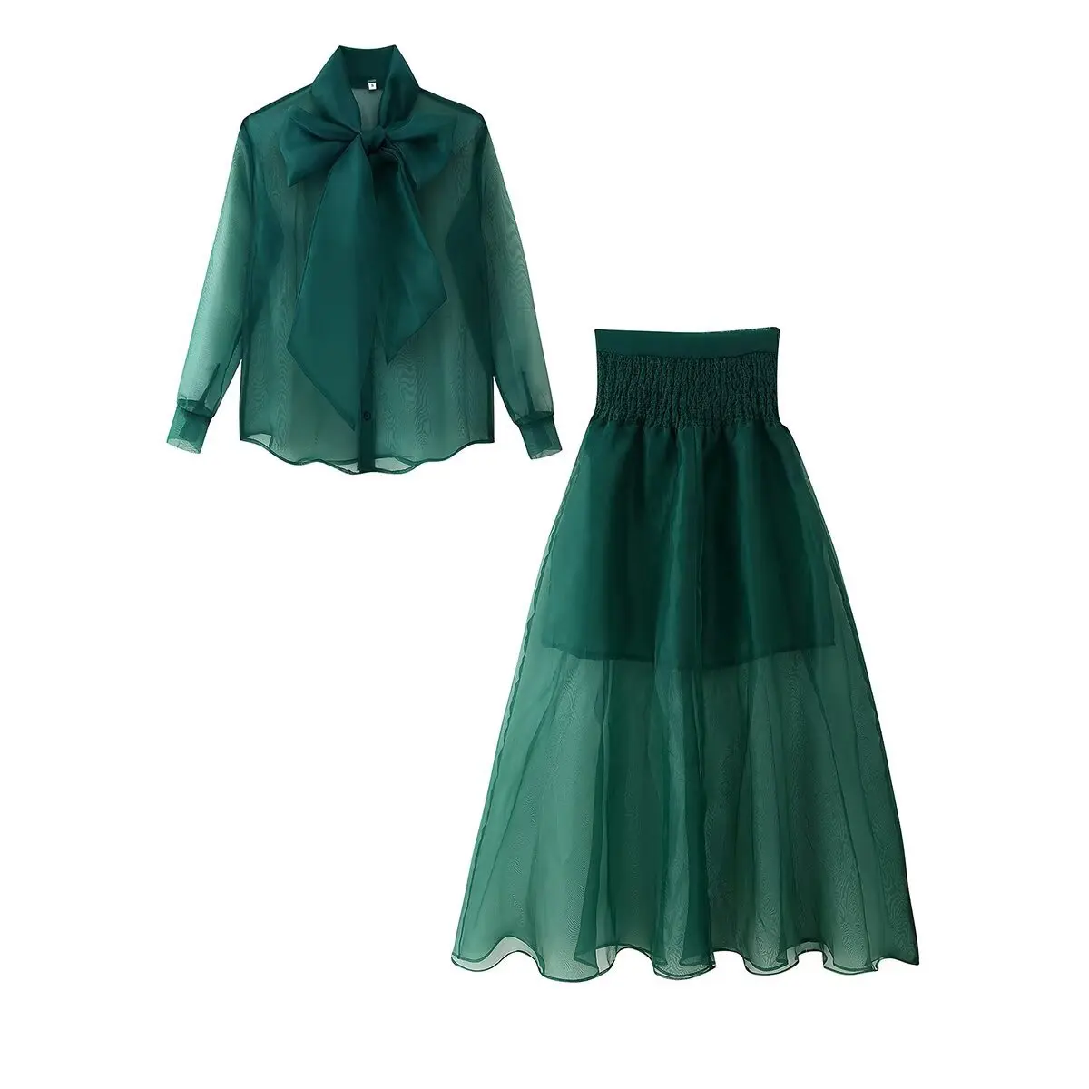 

Autumn Perspective Bow Tie Shirt Half Skirt Sheer Two-piece Set Women O Neck Long Sleeves Spliced Bowknot Top High Waist Skirt