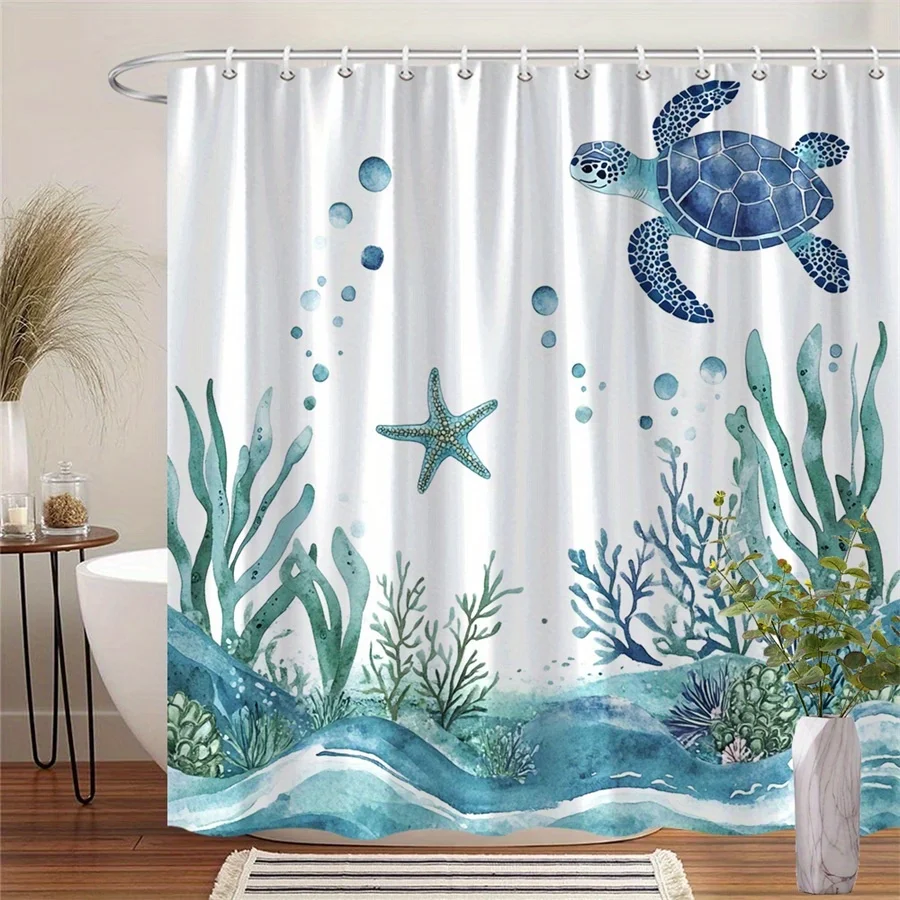 

1pc Watercolor coral and seaweed turtle pattern shower curtain, machine washable polyester with 12 hooks for bathroom decor