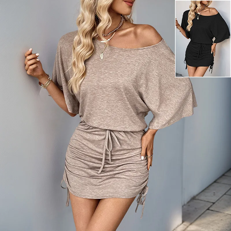 

2025 Summer New Leisure Slim Dress with Inclined Shoulder Neck Fashion Drawstring Sexy Hip Skirt Short Skirt Lady