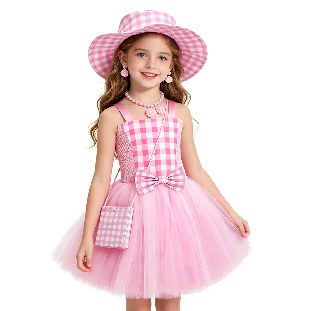 Baby Girls Pink Plaid Bowknot Costumes Countryside Princess Tutu Dress Fluffy Ball Gown Kids Birthday Wedding Party Fancy Outfit