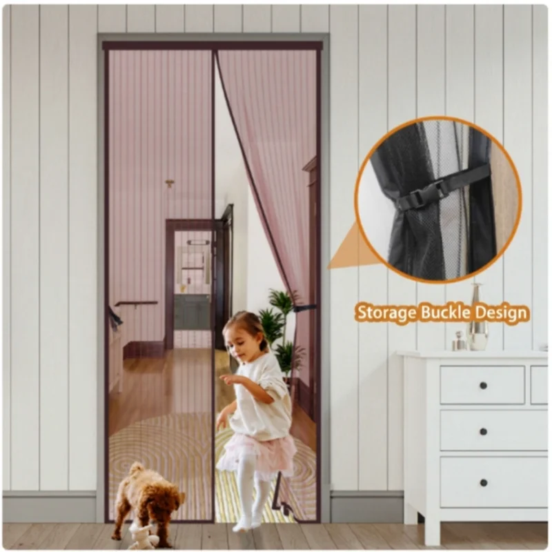 Automatic Magnetic Mesh Door Screen Brown Beige Polyester Insect Mosquito Protection Easy Self-Sealing for Bedrooms Balconies