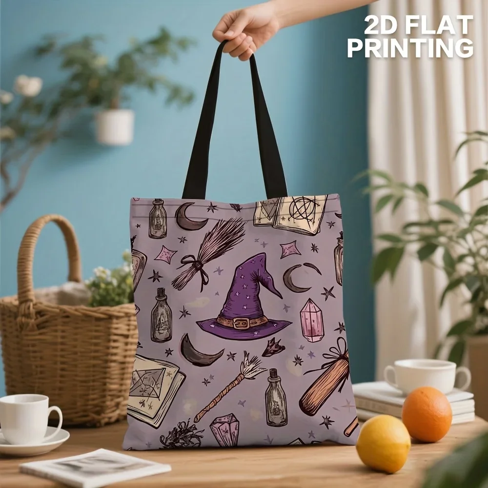 Shopping Bags Canvas Printing Halloween Witchcraft Tote Bag Purple Polyester Witch Hat Broomstick Cauldron More