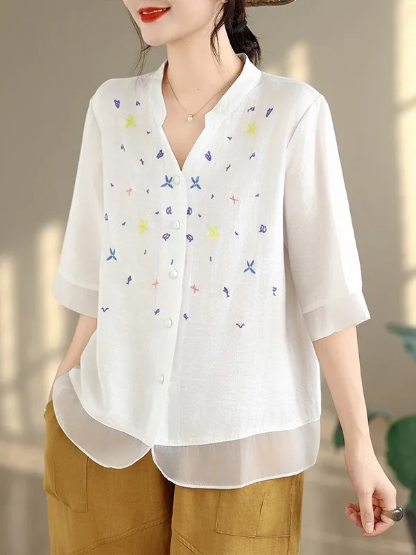 

Elegant Floral Cotton Linen Embroidered Shirt plus Size Women's Clothing Ageless Stylish Versatile Beautiful Top