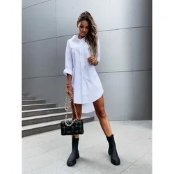 Women's S-2XL size Loose Fitting Long Sleeved Shirt with Lapel Button Solid Color Shirt Elegant Commuting Women's Shirt