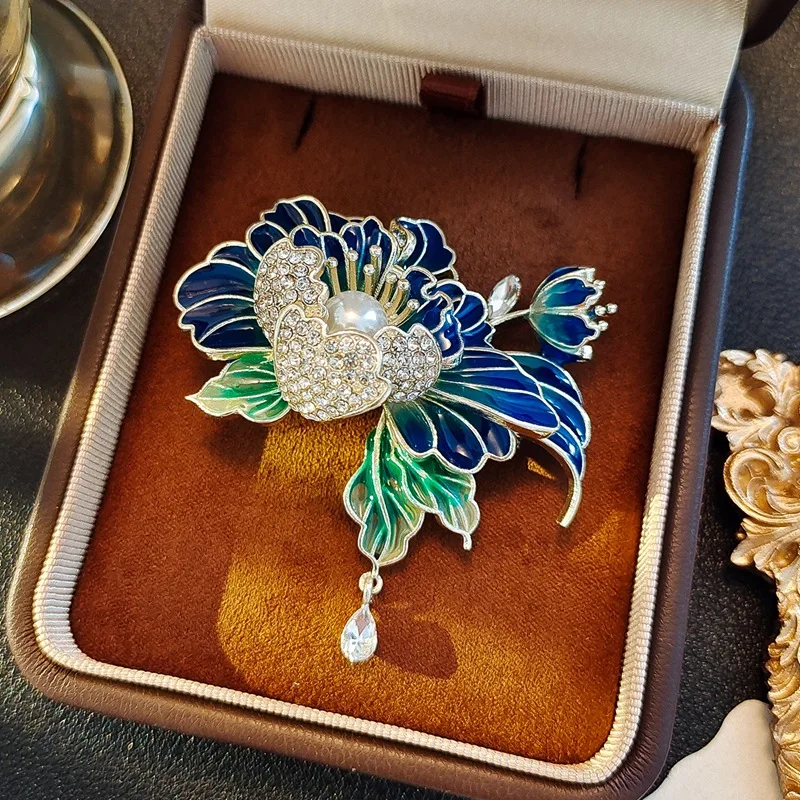 خمر المينا اللؤلؤ الفاوانيا زهرة دبابيس للنساء جميلة حجر الراين زهرة بروش دبابيس موضة Mujer مأدبة مجوهرات هدايا #2