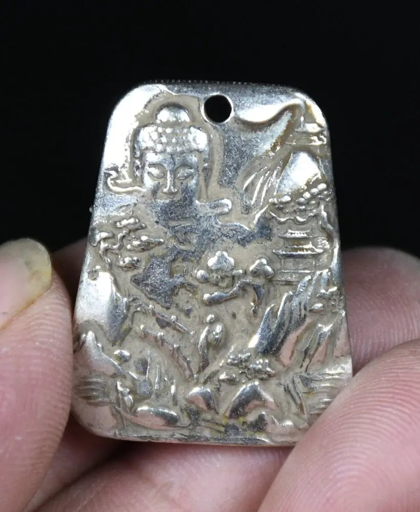 3CM Old Chinese Miao Silver Feng Shui Sakyamuni Ksitigarbha Amulet Pendant