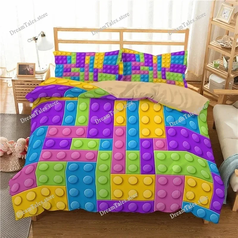 

Colorful Blocks Duvet Cover KingQueen Size,Building Toy Bedding Set Kids Boys Girls Orange Blue Fun Brick Polyester Quilt Cover