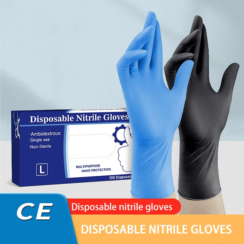 Guantes de nitrilo desechables sin polvo, grado alimenticio, Azul, Negro, tatuaje