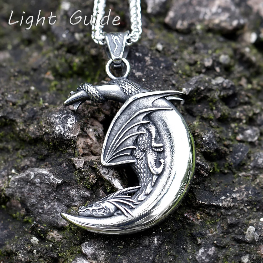 2022 NEW Men's 316L stainless-steel Viking Sleeping Dragon On The Moon Pendant Necklace fashion  Animal jewelry free shipping