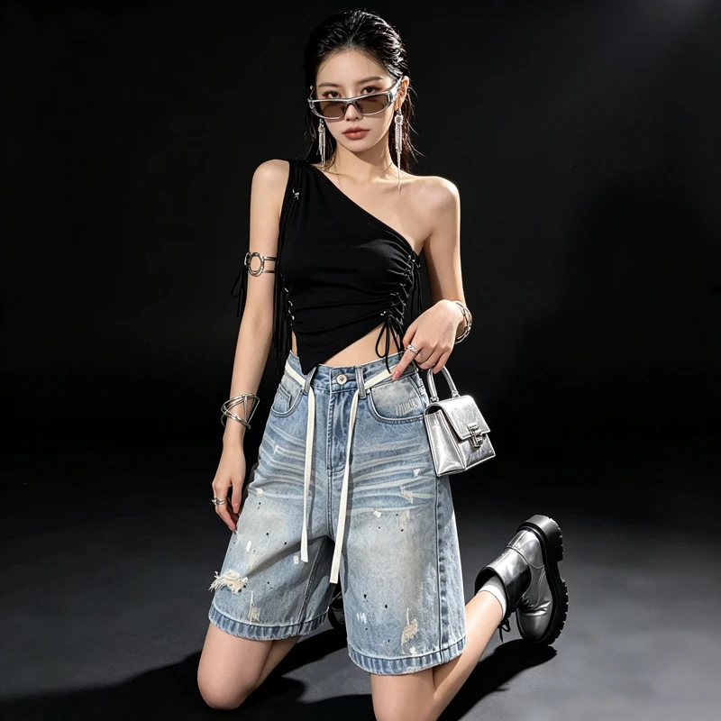 2026 Summer High Waist Loose Five Points Distressed Ripped Denim Shorts Women Bleach Stripe Drawstring Street Pants view 2