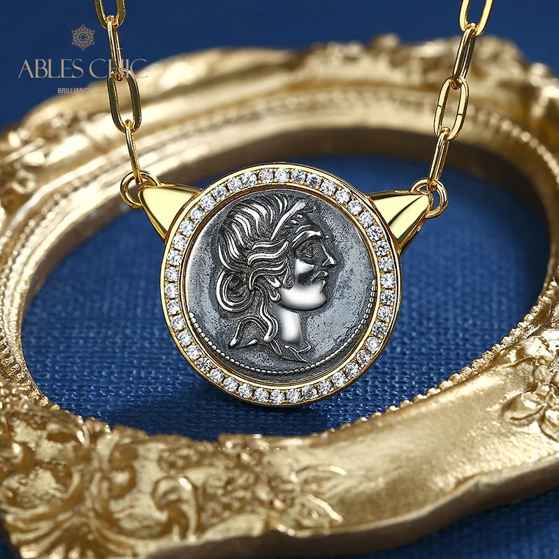 Ables Chic-Collier avec pendentif en forme de pièce de monnaie romaine, accessoire de charme en argent massif 925, Julius Caesar, grec, Halo, N1036