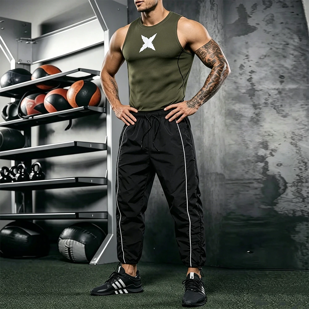 Mens Sleeveless Compression Vest Side Stripe Track Pants Set Irregular Thorn Cross Print Casual Gym Athletic Running Outfit