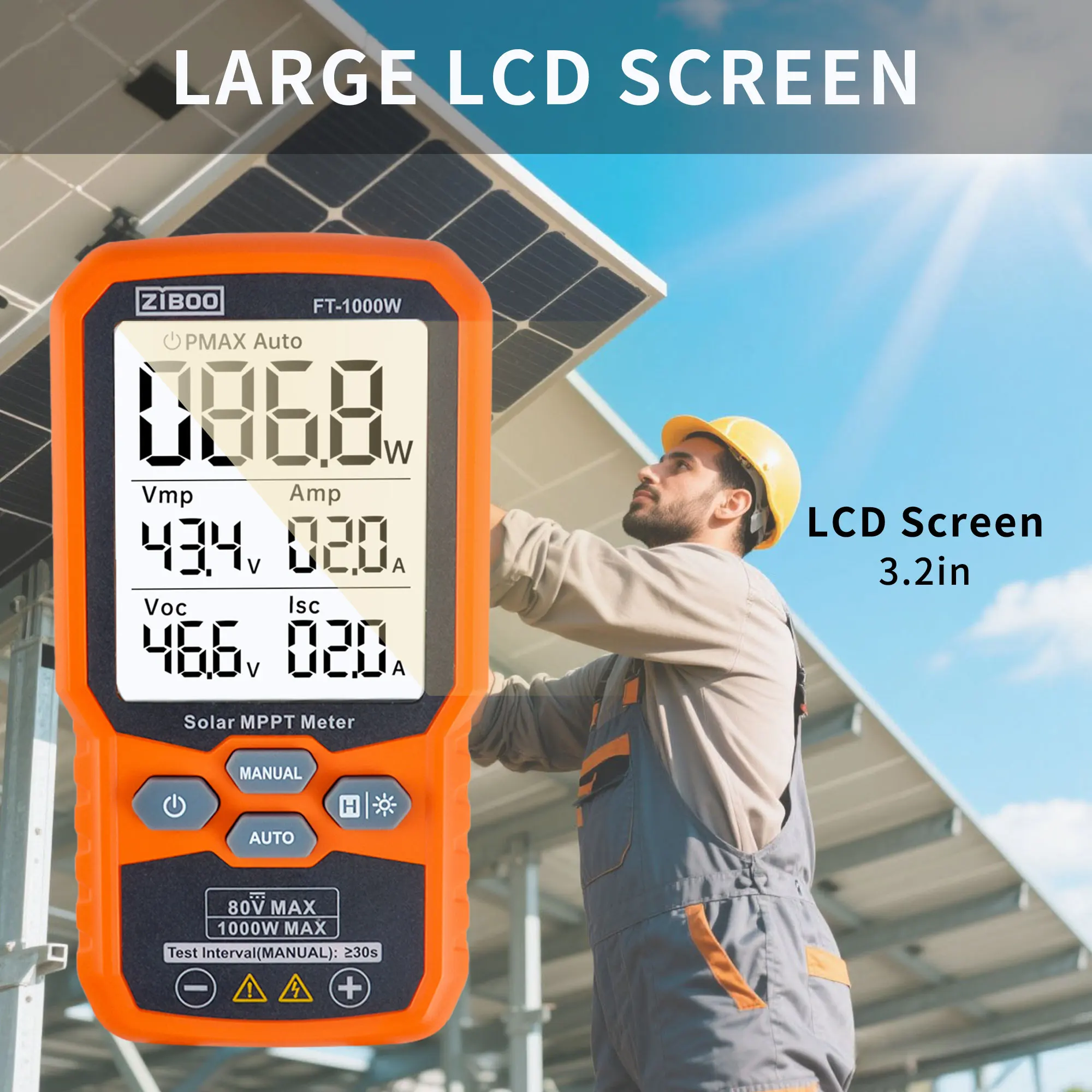 

ZIBOO Solar MPPT Meter Photovoltaic Multimeter,PV Module MAX Power Tester,Open Circuit Voltage Short Circuit Current FT-1000W ﻿