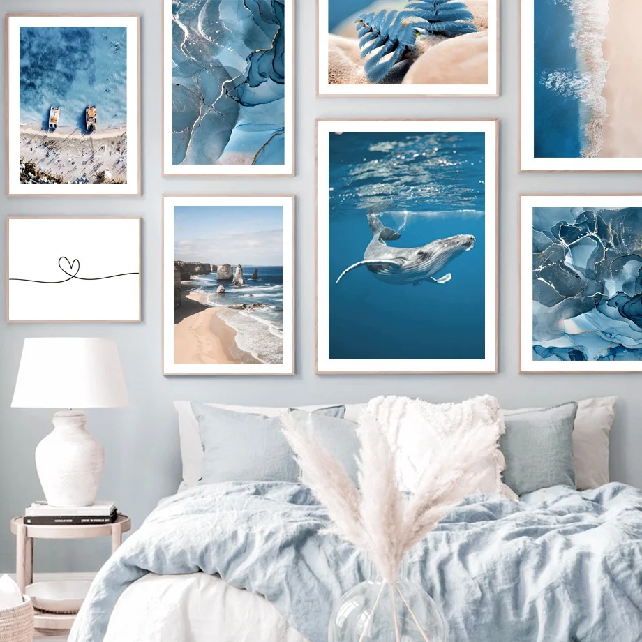 Minimalist Blue Coastal Whale Gallery Wall Art, Ocean Beach Nature Canvas Poster Prints, Living Room Home Decor & Perfect Gifts