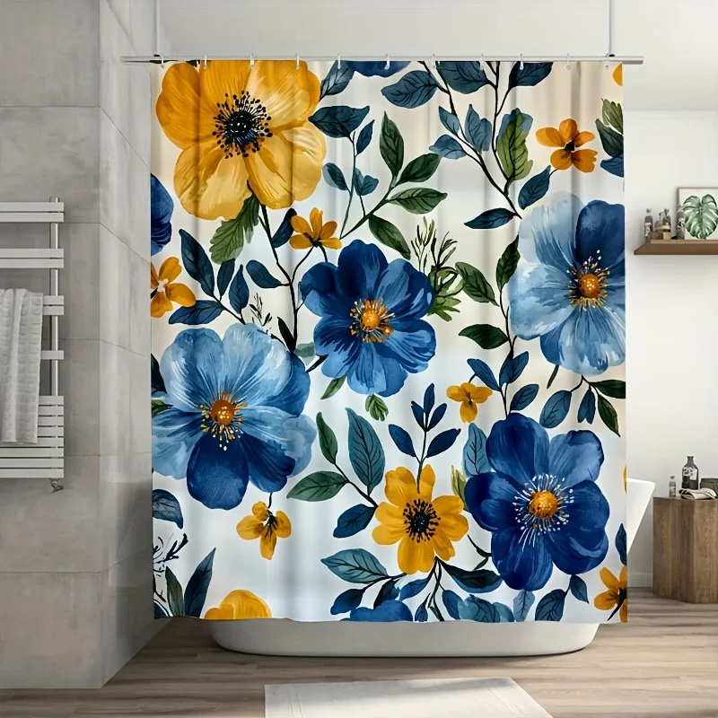 青黄色の花柄シャワーカーテンライナー水彩画大輪防水浴室カーテン-180-×-180-センチメートル家の装飾モダンなデザイン