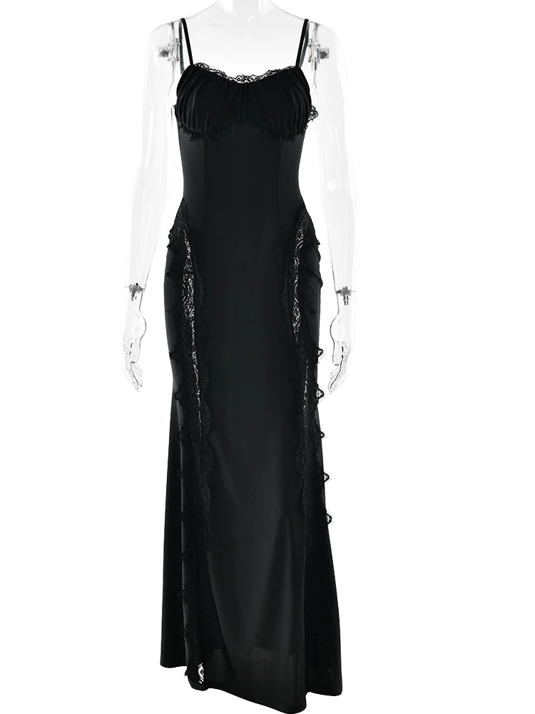 Sukienka maxi JULISSA MO patchworkowa, seksowna, z prześwitującej koronki, na ramiączkach spaghetti, z wysokim stanem, zimowa, obcisła, elegancka, na imprezę, wieczorowa.