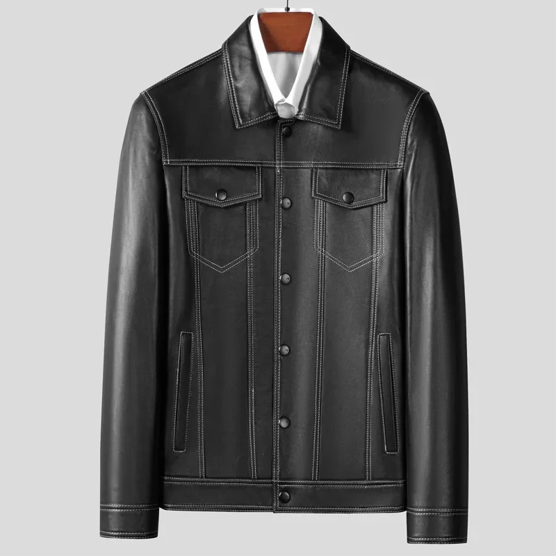 

Genuine Leather Jacket Mens Sheepskin Short Standing Collar Oil Edged Leather Jacket Motorcycle Riding