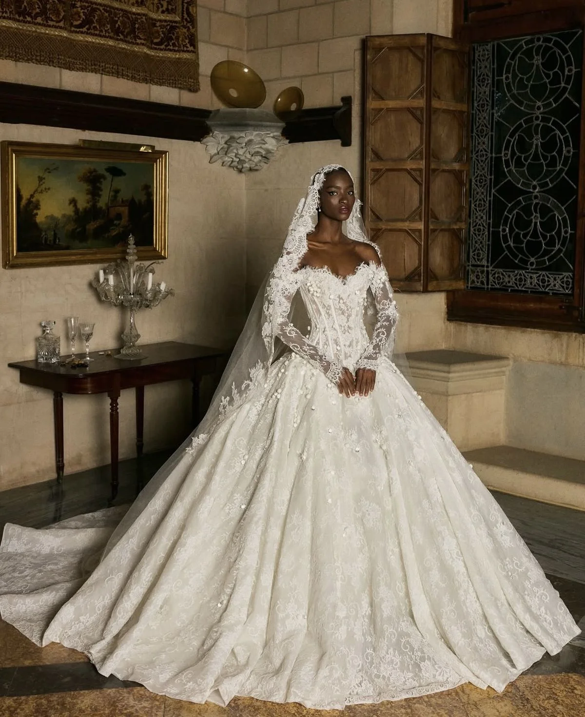 2026 Luxury Off Shoulder Long Sleeve White Wedding Dress 3D Pearl Floral Lace Corset Bridal Gown Vestido De Novia Customized view 3