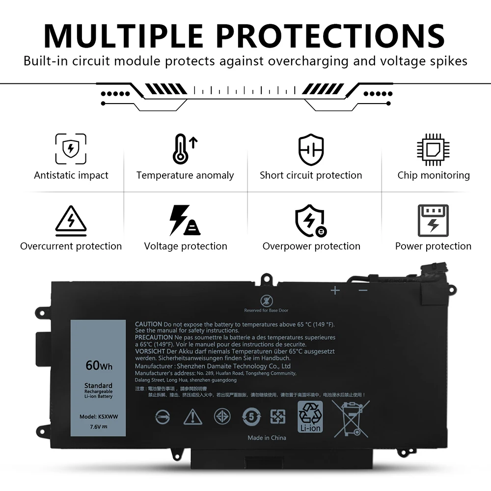 Batteria per laptop K5XWW 71 TG4 per Dell Latitude 12 5285 5289 7389 7390 2-in-1 5289 2-in-1 Serie 6 CYH6 725KY N18GG CFX97 7.6V 60WH