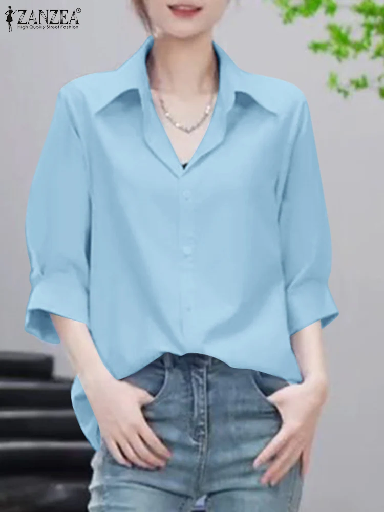 Summer Elegant Office OL Blouse Fashion Women Shirt Button Down Blusas 2024 ZANZEA Casual Lapel Neck 3/4 Sleeve Tops Tunic Femme