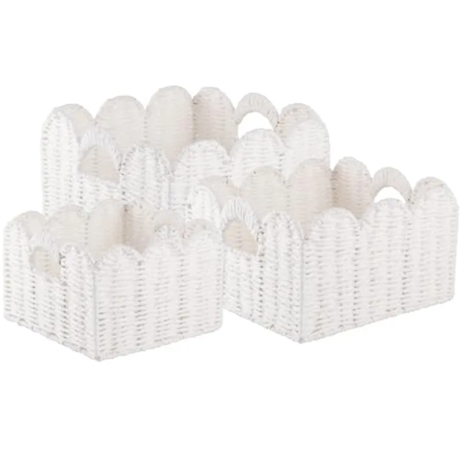 

Scalloped Wicker Baskets, Hand-woven Storage Baskets with Built-in Handles, Paper Rope Shelf Baskets for Organizing and Decorat