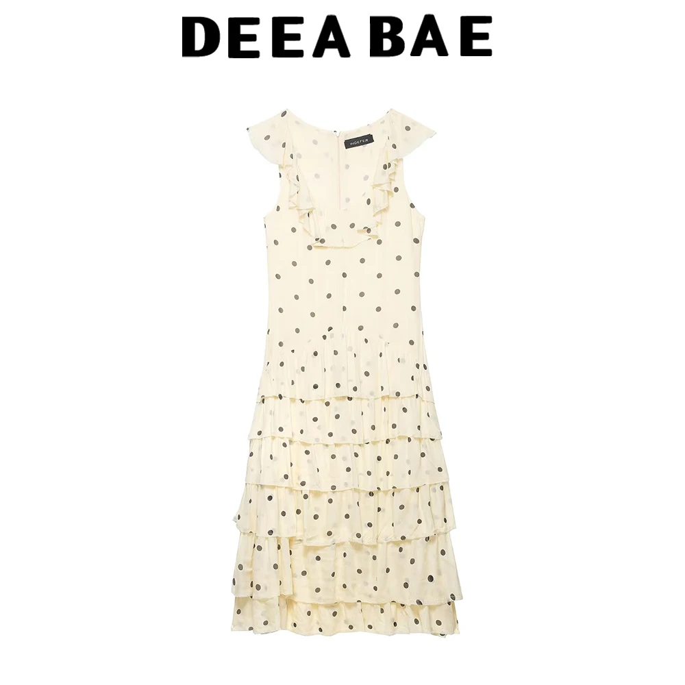DEEABAE 2026 Frühjahr/Sommer Neues Damenkleid mit V-Ausschnitt, Ärmellos, Wellenpunkt-Asymmetrie und Stufendesign