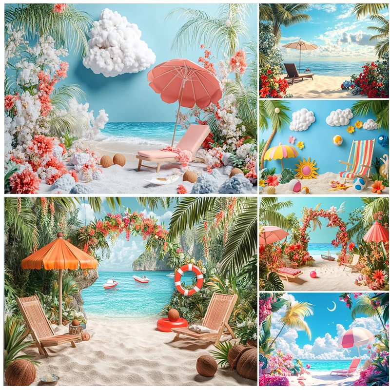 

Summer Hawaiian Tropical Beach Photography Backdrop Flowers Swimming ring Balloon Coconut Trees Holiday Party Photo Background