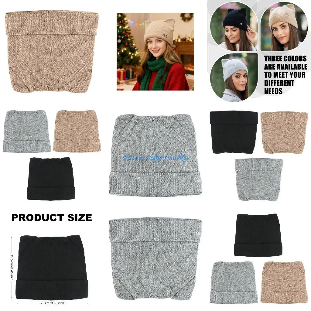 090B Вязаная шапка с кошачьими ушками, теплая зимняя шапка из смеси шерсти, уютный женский головной убор, дизайн