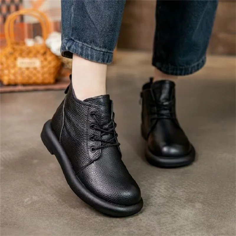 

2024 new retro women's boots winter warm booties leather short boots round toe moccasins shoes winter fashion shoes women