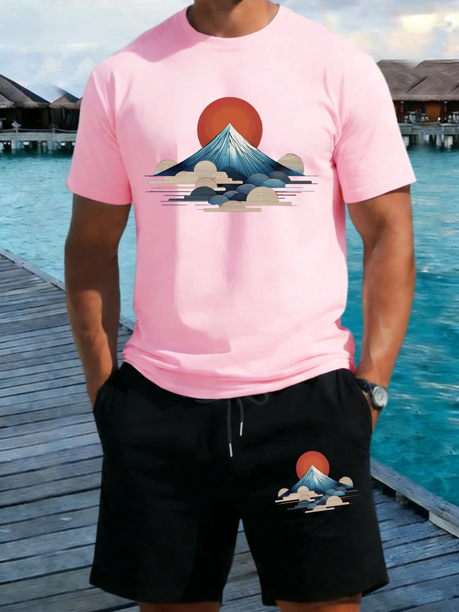 

Harajuku Sunset Mountain Range Design Men T-Shirt Suits Cotton T Shirts Loose Wide-Leg Short Pants Summer Drawstring Streetwear