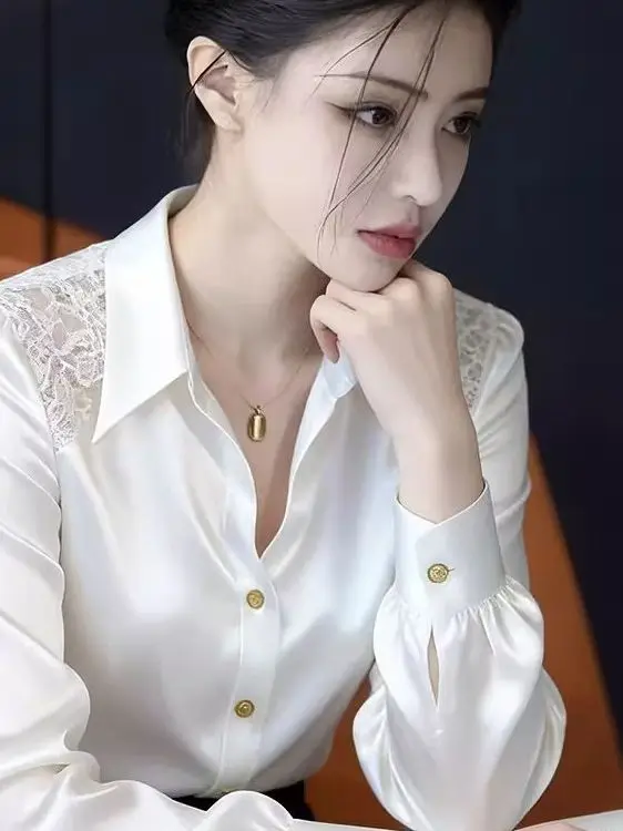 

Ele White Satin irt Women's Spring Autumn Design Lace Splice Loose plus Size High End Feel Top Gentle Breeze Sle